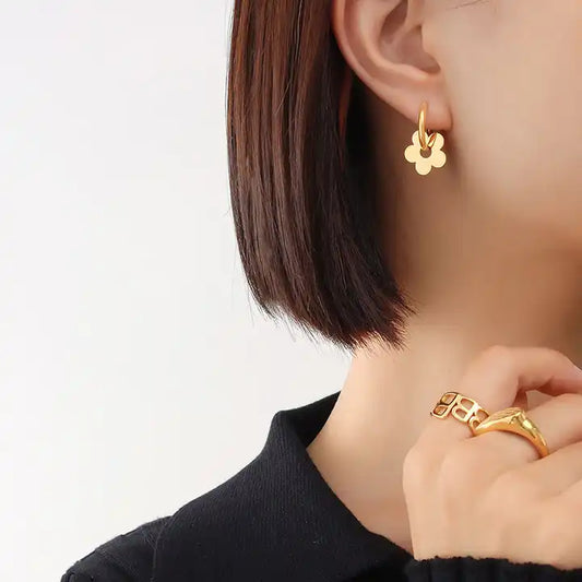 18K Gold Plated Huggie Hoop Flower Charm Geometric Earring