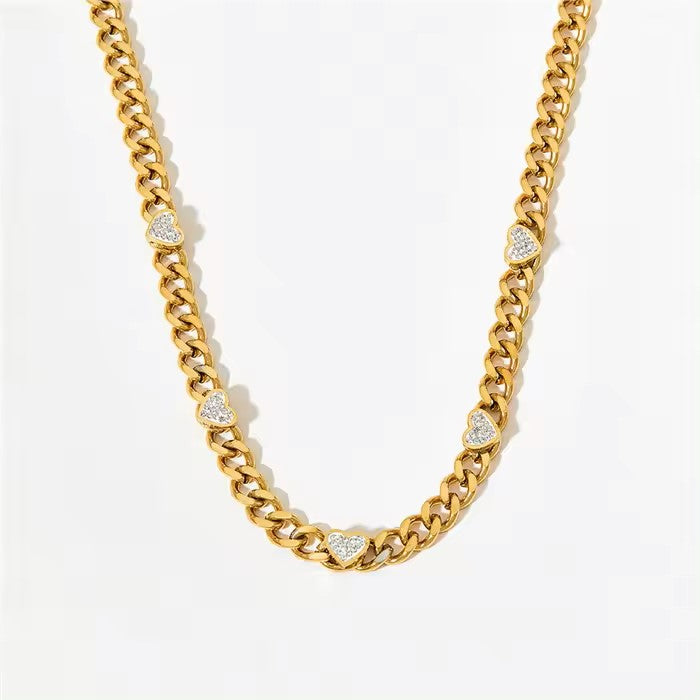14K Gold Plated Heart Charm Cuban Choker Necklace