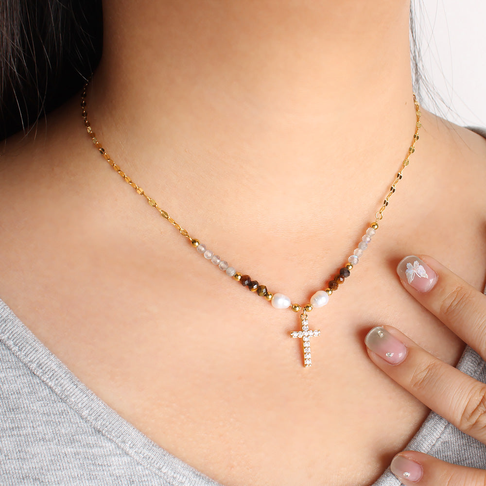 18K Gpld Plated Zirconia Cross Beaded Necklace