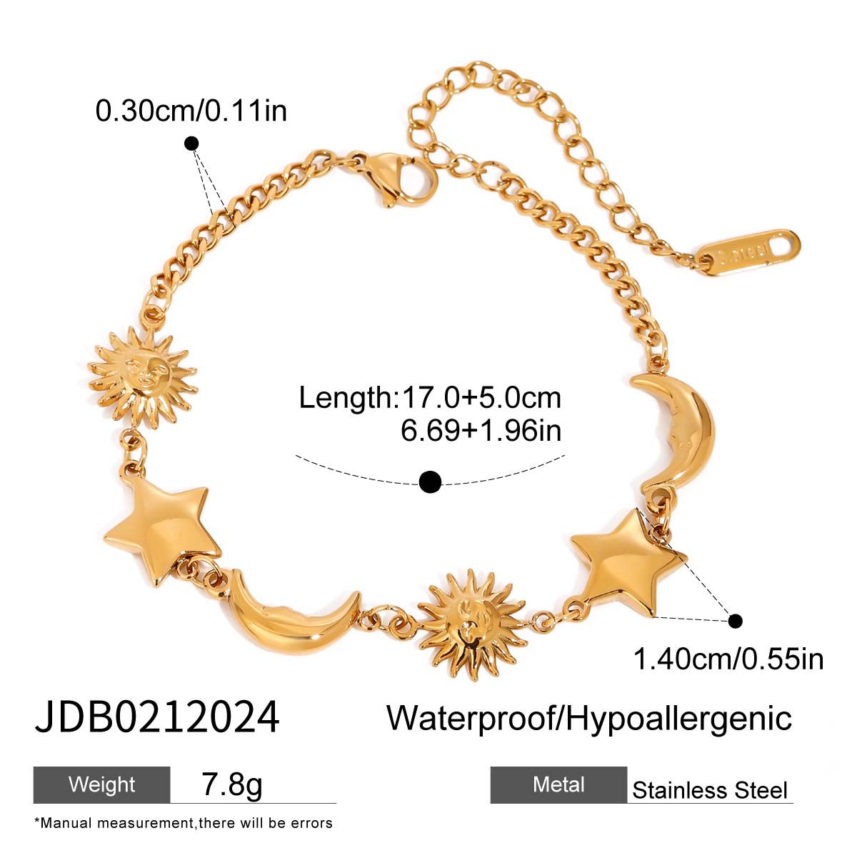 18K Gold Plated StarMoonSun Pendant Bracelet