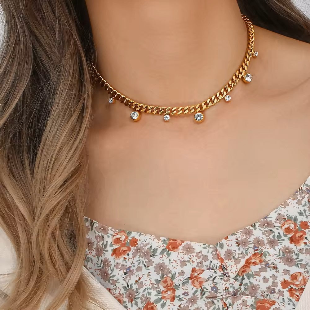 18K Gold Plated ZC Charm Cuban Choker Necklace
