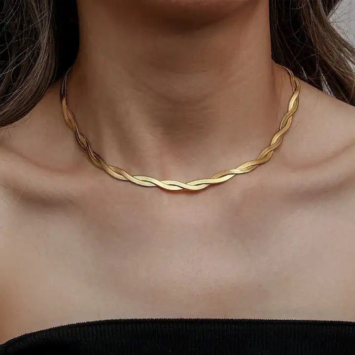 PVD 18K Gold Plated Double Twisted Herringbone Snake Chain Necklace