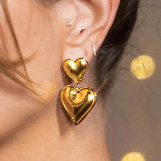 18K Gold Plate Heart Stud Drop Earrings