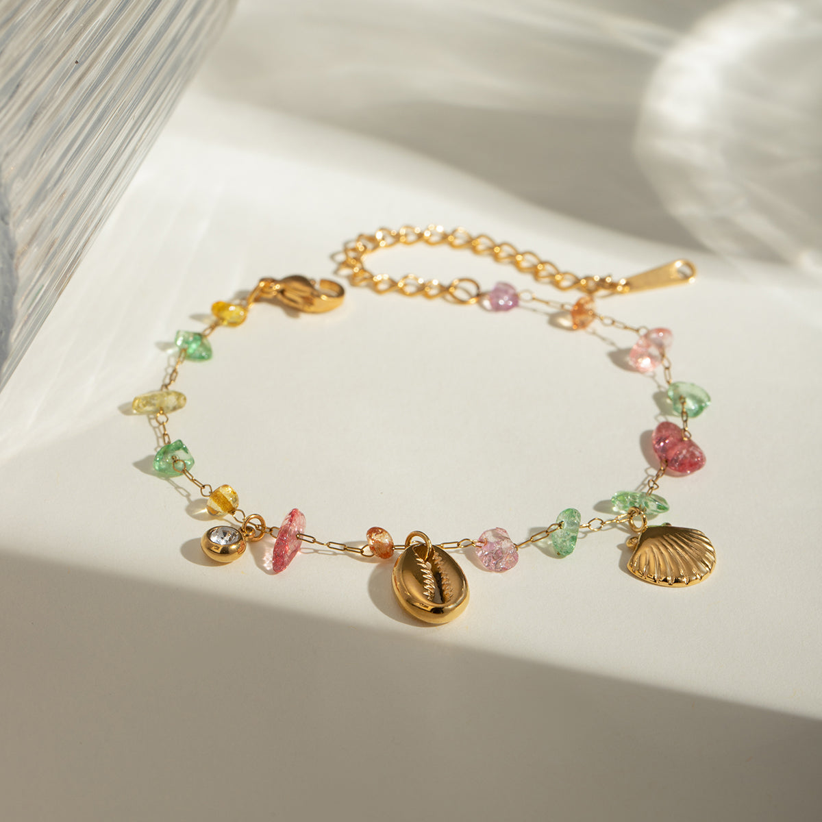 18K Gold Plated Colourful Stone Shell Pendant Bracelet