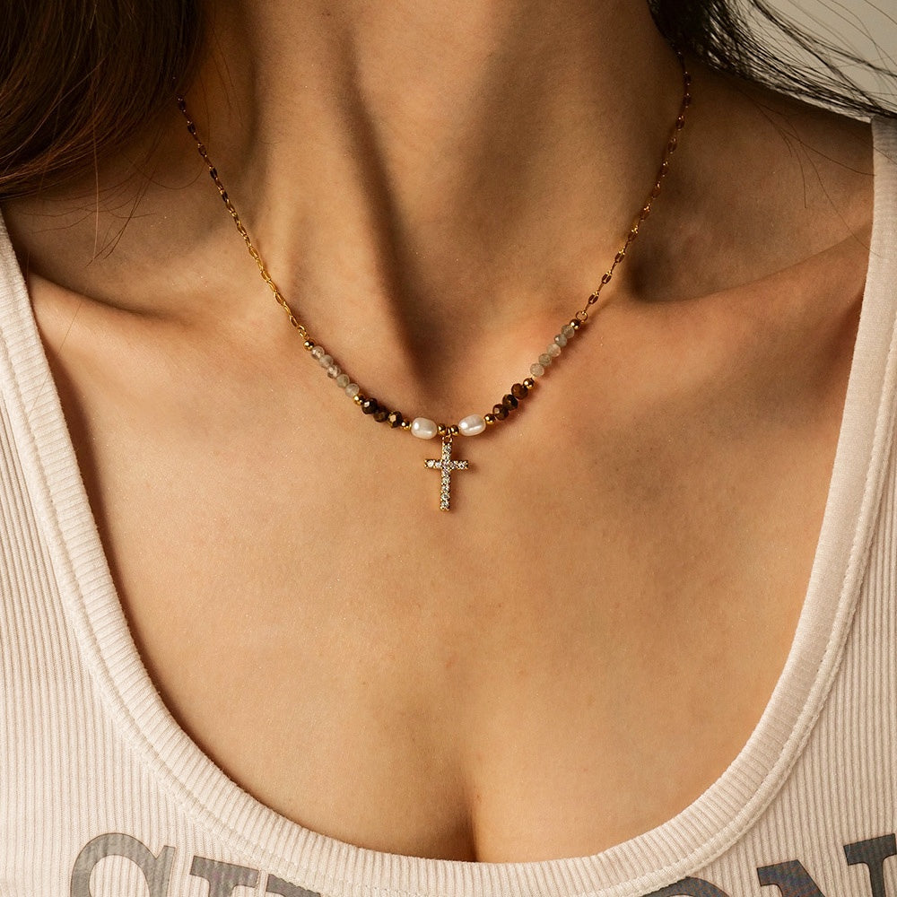 18K Gpld Plated Zirconia Cross Beaded Necklace