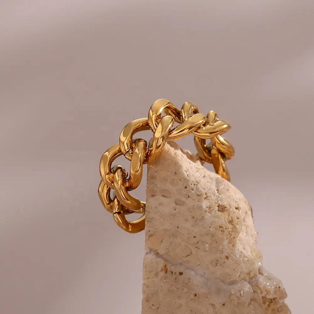 18K Gold Plated Chunky Cuban Chain Ring (Adjustable)