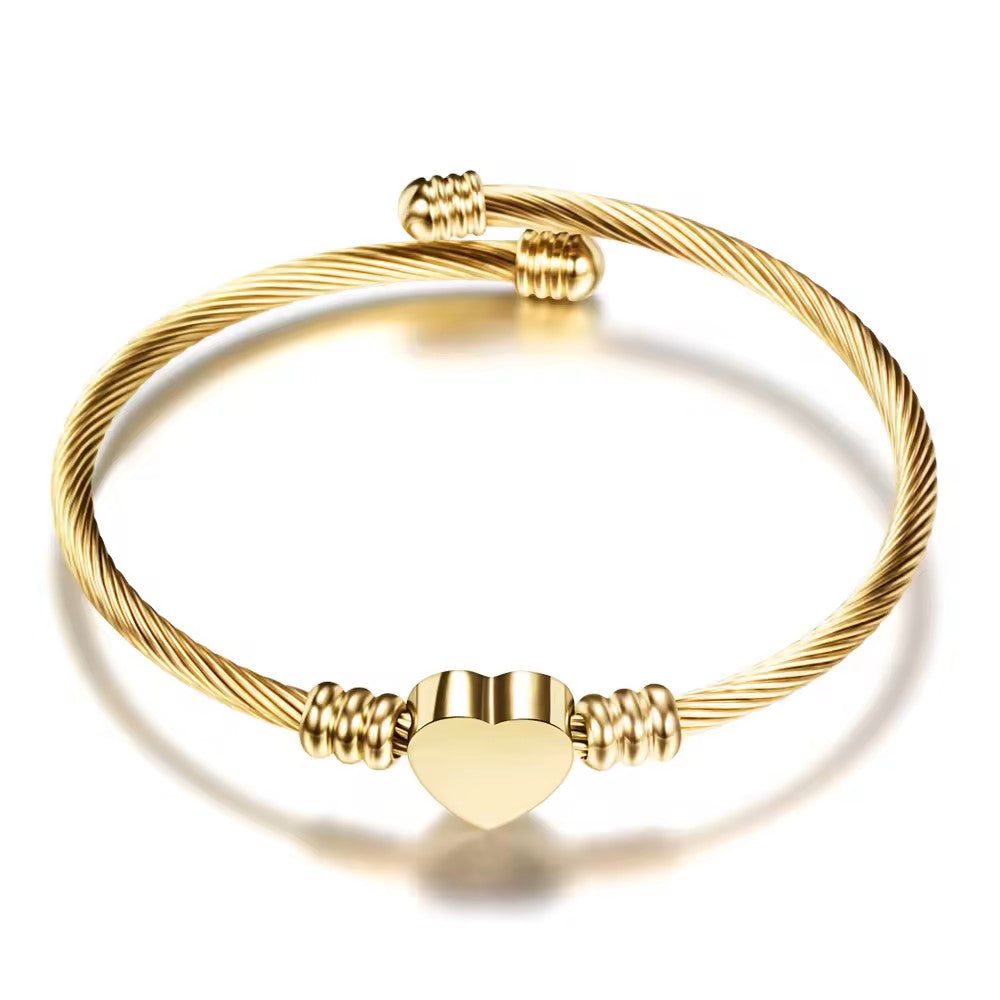 18K Gold Plated Wire Braided Heart Charm Bangle (Adjustable)