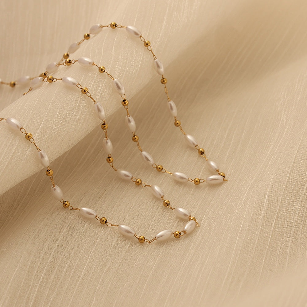 18K Gold Plated Oval Pearl Beaded Necklace