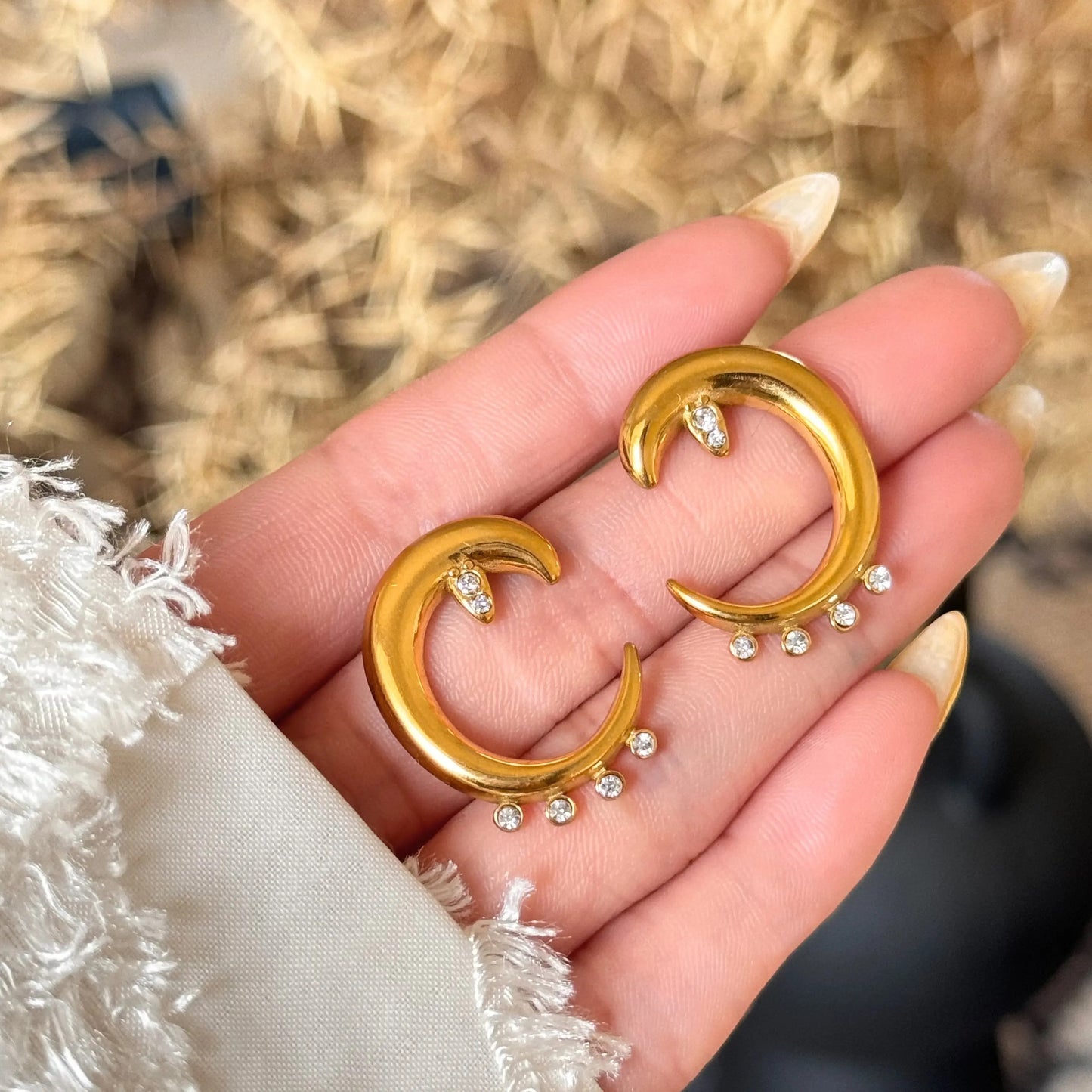 18K Gold PLated CZ Moon Stud