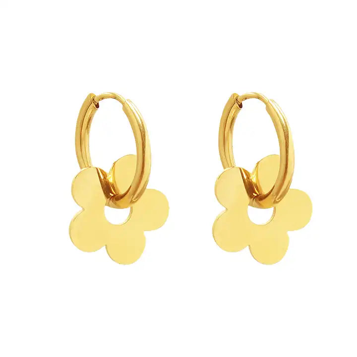 18K Gold Plated Huggie Hoop Flower Charm Geometric Earring