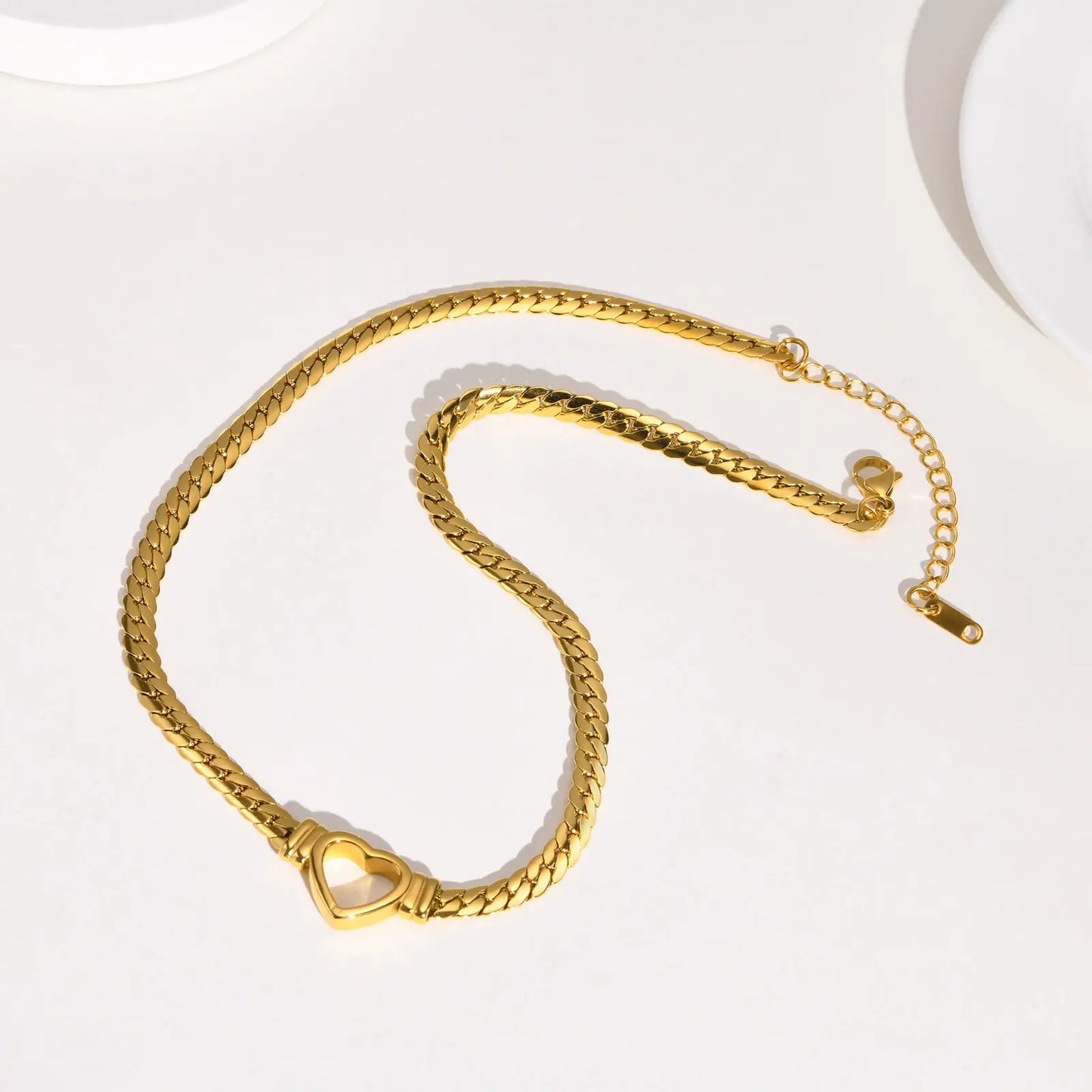 18K Gold Plate Cuban Chain Heart Choker Necklace