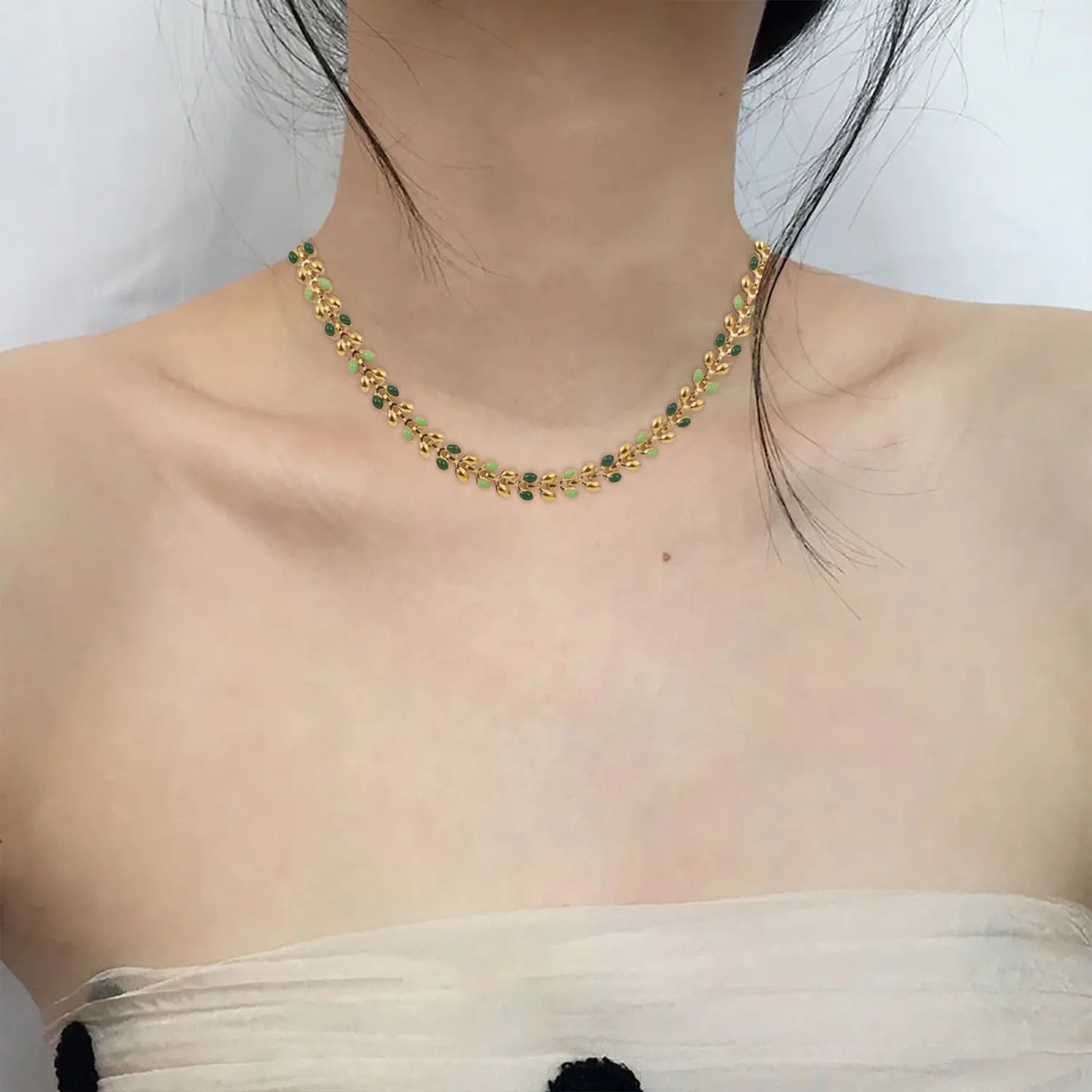 18K Gold Plated Enamel Olive Leaf Necklace