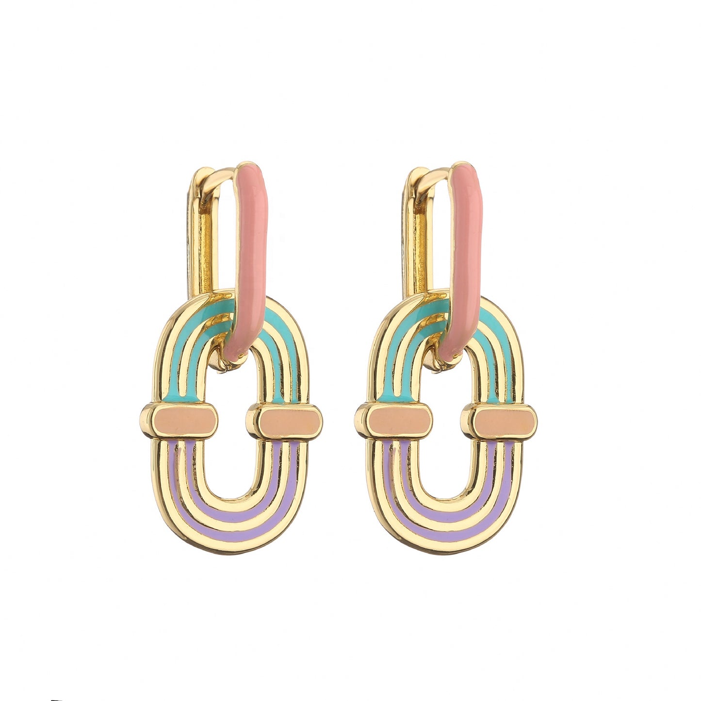18K Gold Plate Oval Rainbow Pendant Earrings