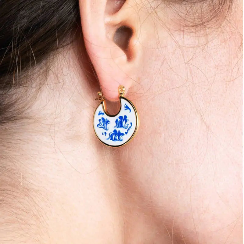 18K Gold Plated Round Porcelain Earrings