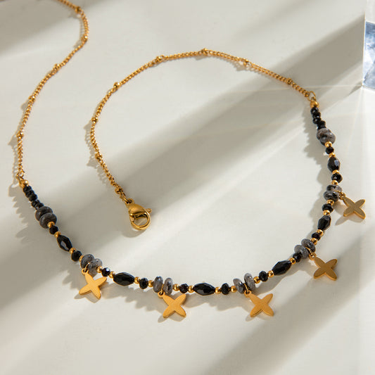 18K Gold Plated Black Four-Point Star Necklace