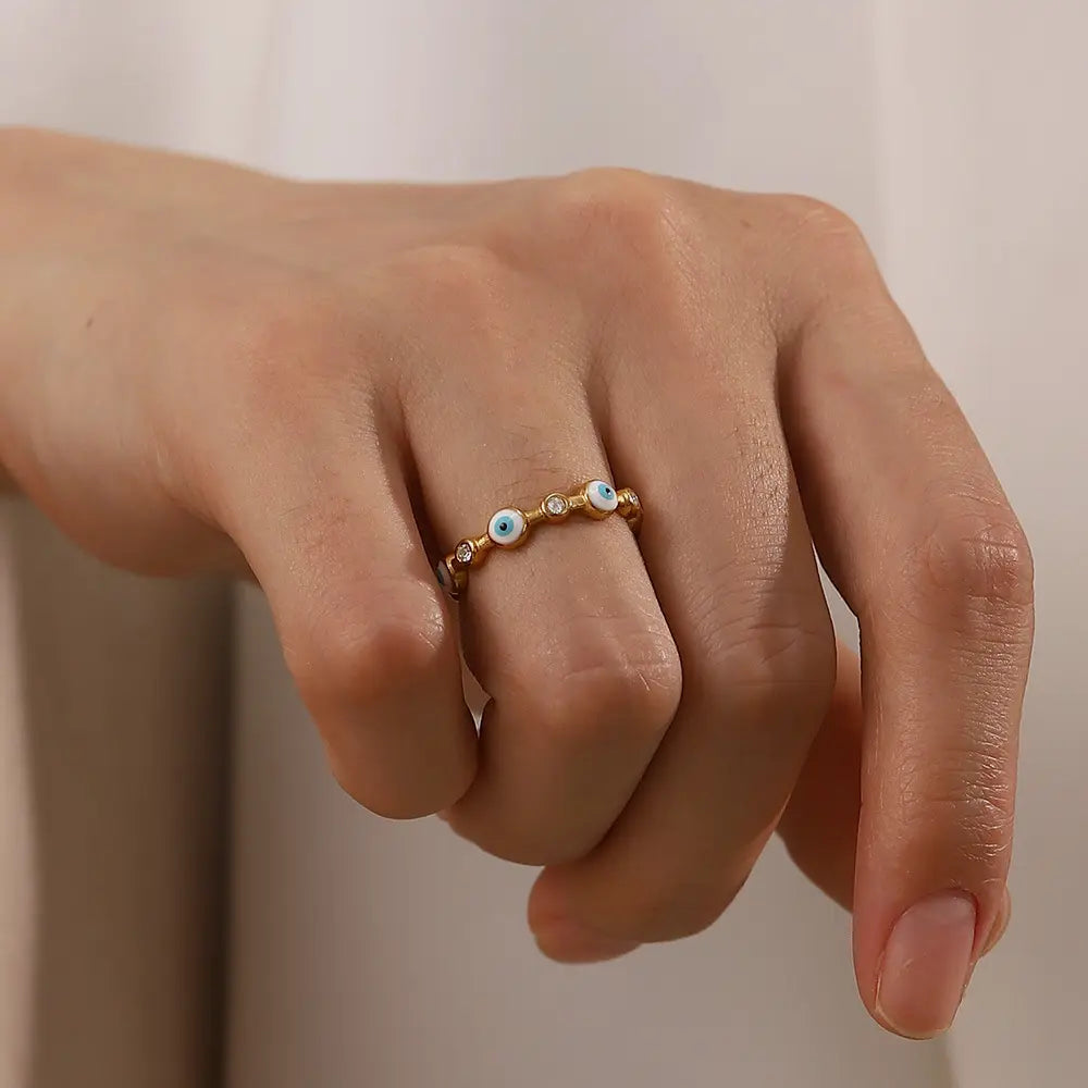 18K Gold Plated CZ Evil Eye Ring (Adjustable)