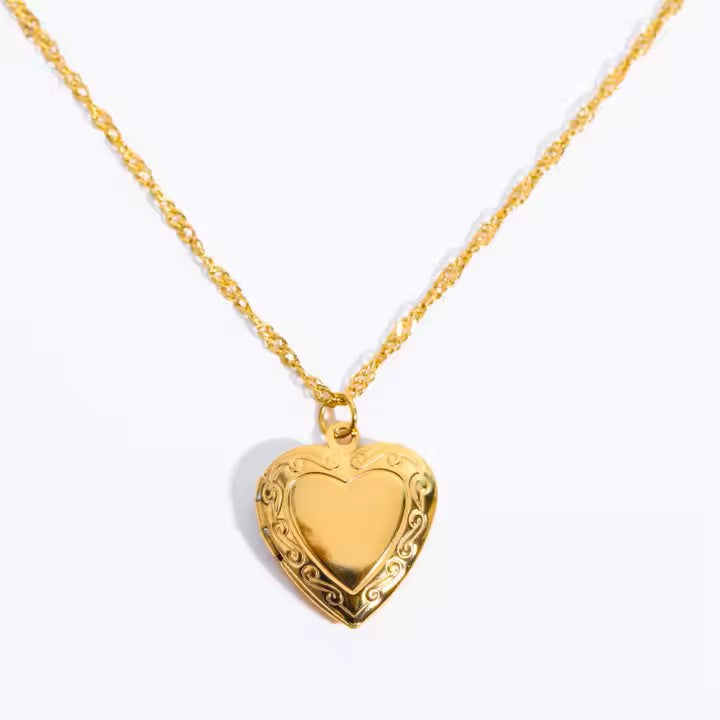18K Gold Plated Engraved Heart Locket Necklace