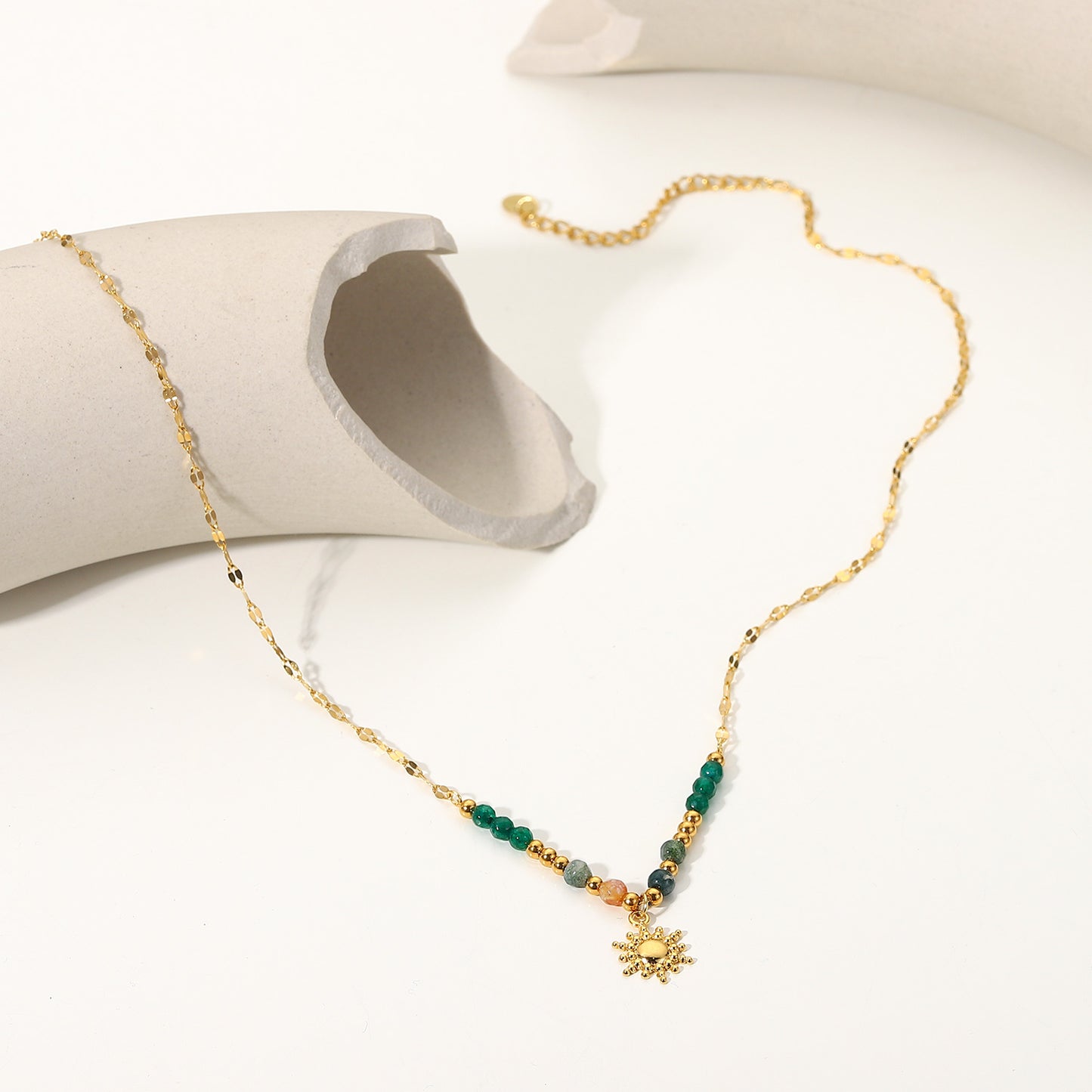 18K Gold Plated Natural Stone Bead Sun Necklace