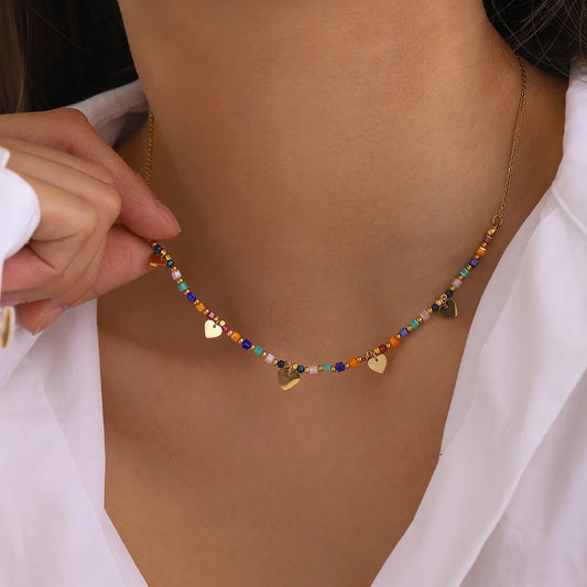 18K Gold Plated Heart Charm Beaded Necklace