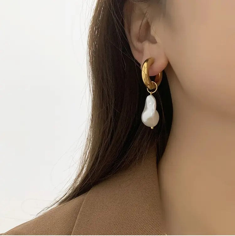 18K Gold Plated THICK HOOP Pearl Earring