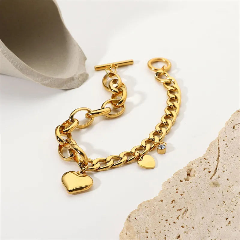 18k Gold Plated Chunky Heart Charm Cuban Bracelet