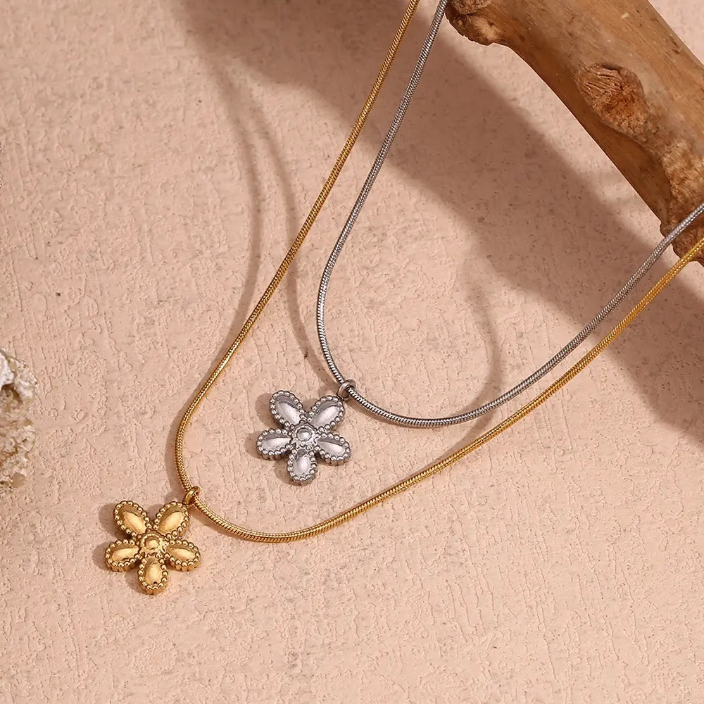 18K Gold Plated Snake Chain Flower Pendant Necklace