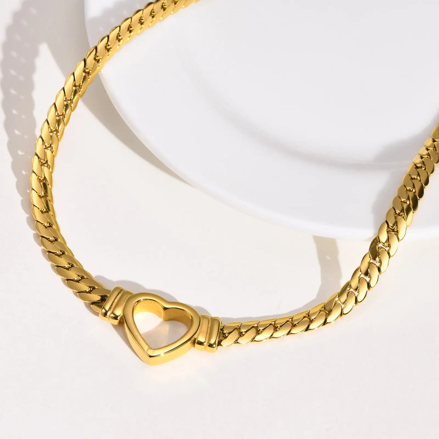 18K Gold Plate Cuban Chain Heart Choker Necklace