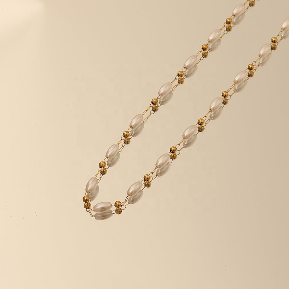 18K Gold Plated Oval Pearl Beaded Necklace