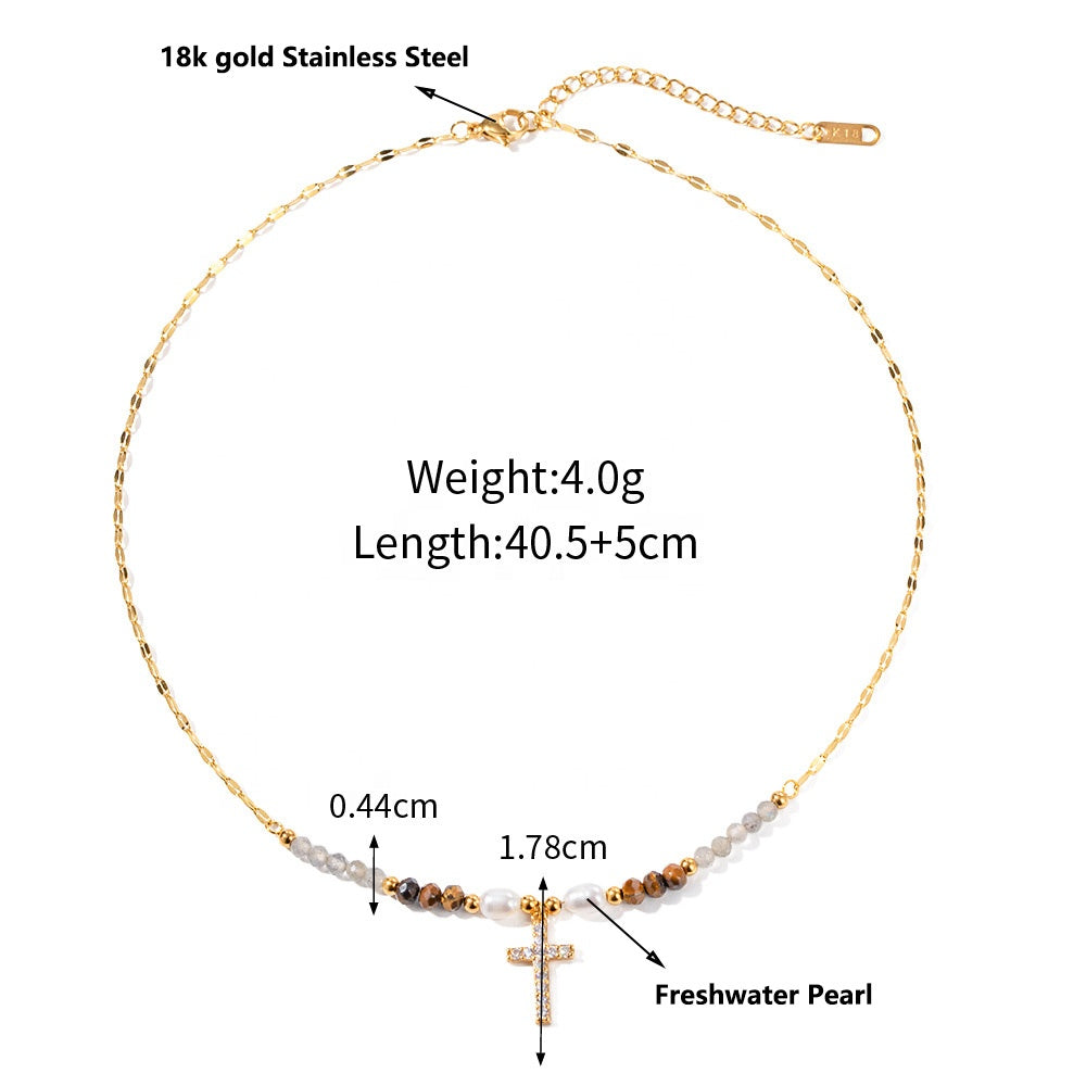 18K Gpld Plated Zirconia Cross Beaded Necklace