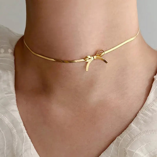 18K Gold Plated Flat Chain Bow Necklace