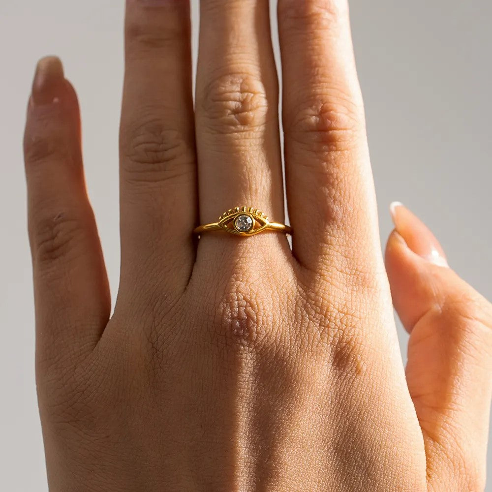18K Gold Plate CZ Turkish Eye Ring (Adjustable)