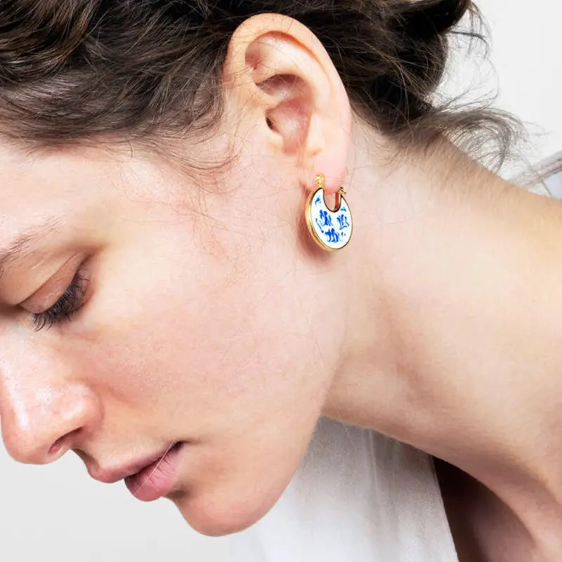 18K Gold Plated Round Porcelain Earrings
