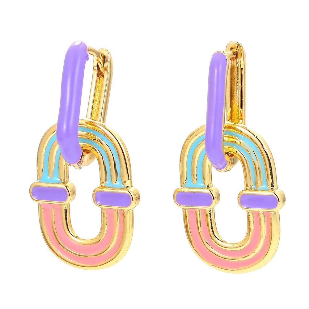 18K Gold Plate Oval Rainbow Pendant Earrings