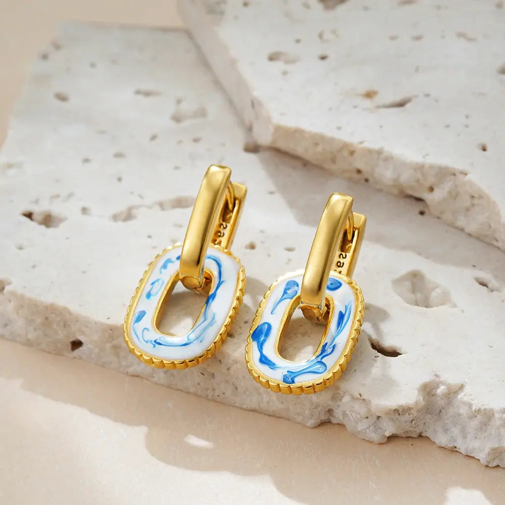 18K Gold Plated Porcelain Pendant Hoop Earring