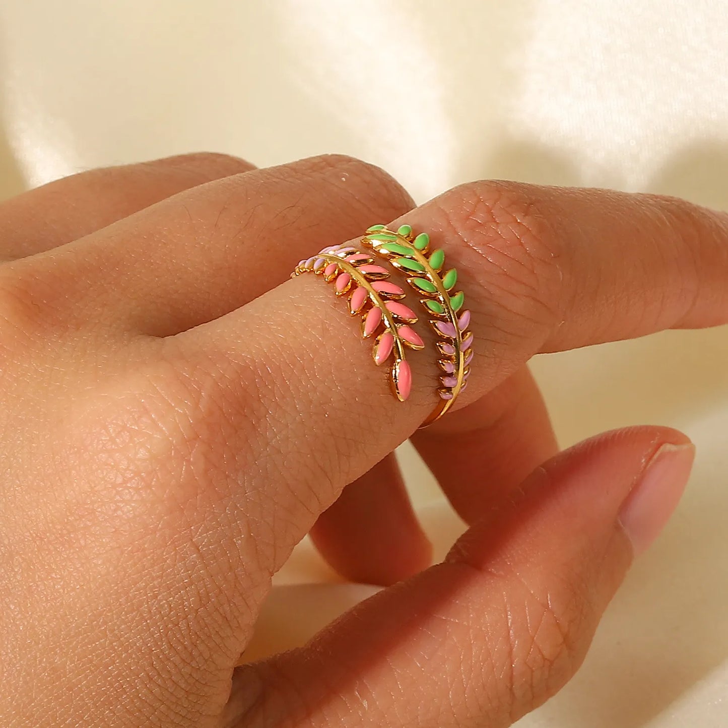 18K Gold Plated Leaf Shape Enameled (Adjustable Ring)