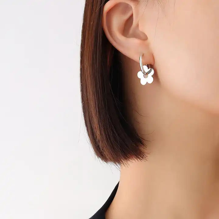18K Gold Plated Huggie Hoop Flower Charm Geometric Earring