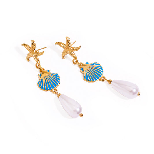 18K Gold Plated Blue-Shell Starfish Drop Earrings