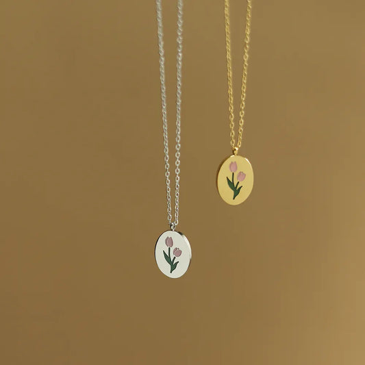 18k Gold Plated Pink Tulip Flower Pendant Necklace