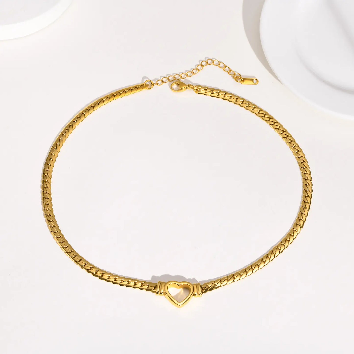 18K Gold Plate Cuban Chain Heart Choker Necklace