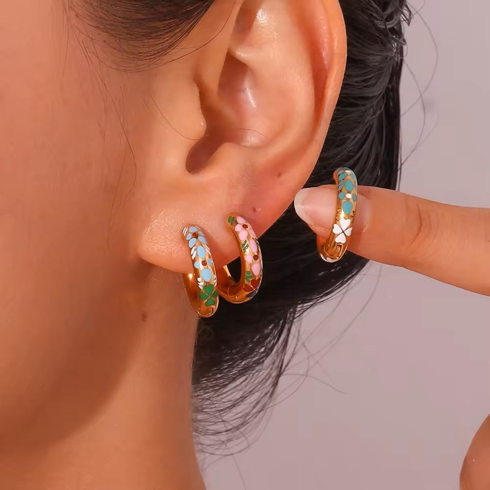 18K Gold Plate Enamel Clover Huggie