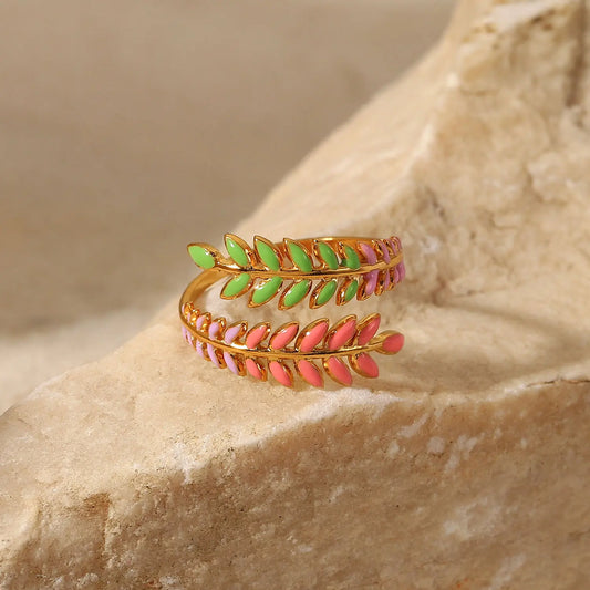 18K Gold Plated Leaf Shape Enameled (Adjustable Ring)