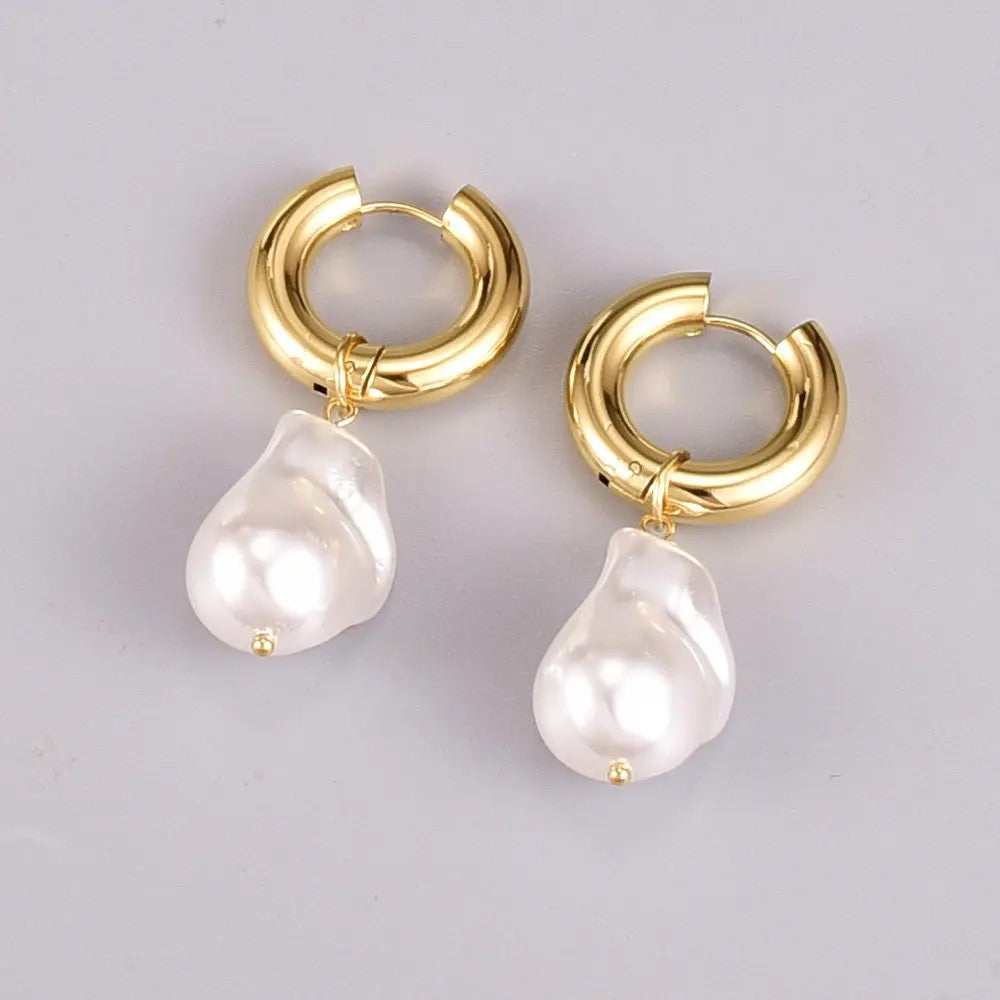 18K Gold Plated THICK HOOP Pearl Earring