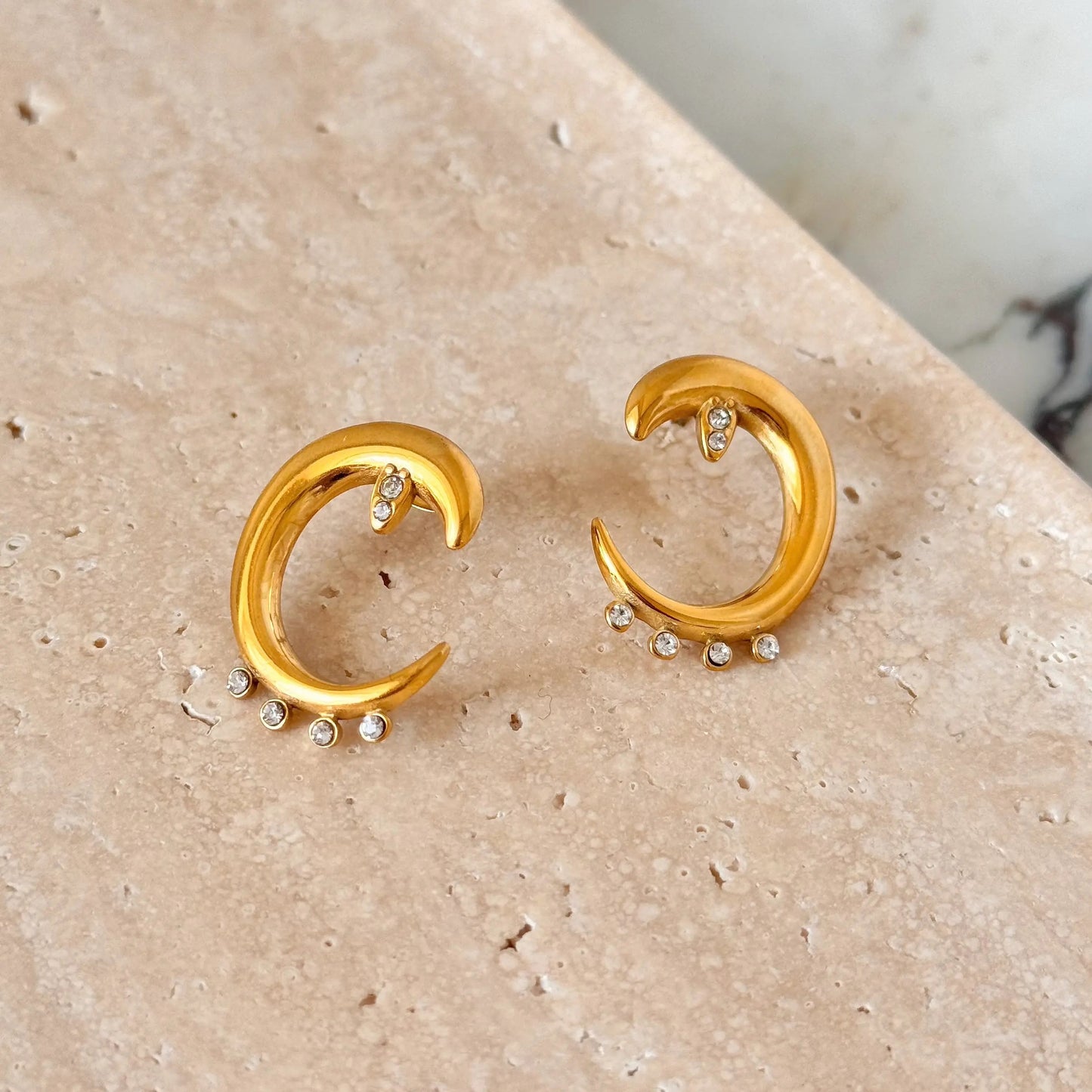 18K Gold PLated CZ Moon Stud