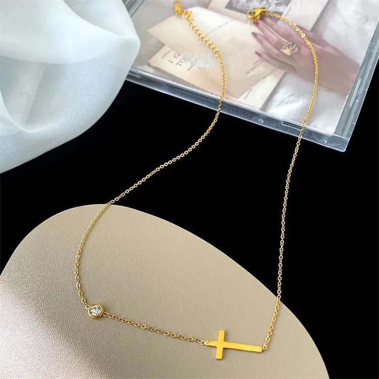 18K Gold Plated CZ Sideway Cross Necklace