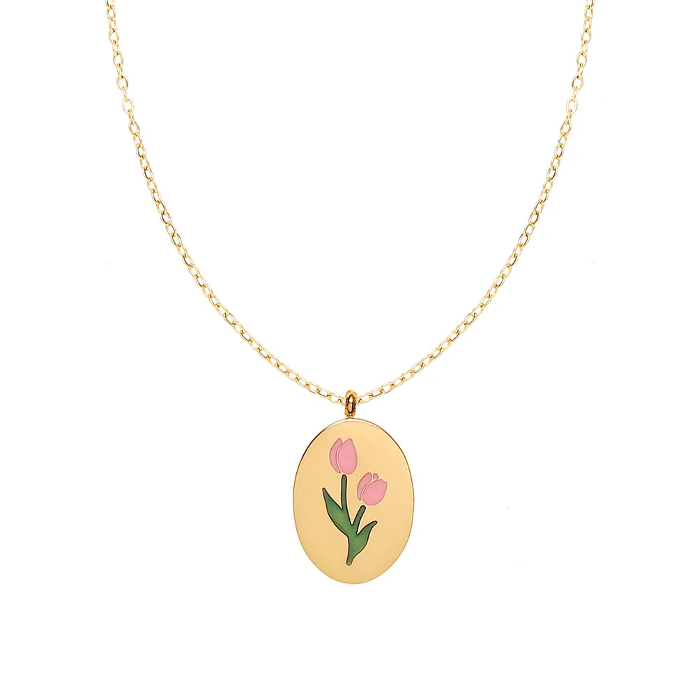18k Gold Plated Pink Tulip Flower Pendant Necklace