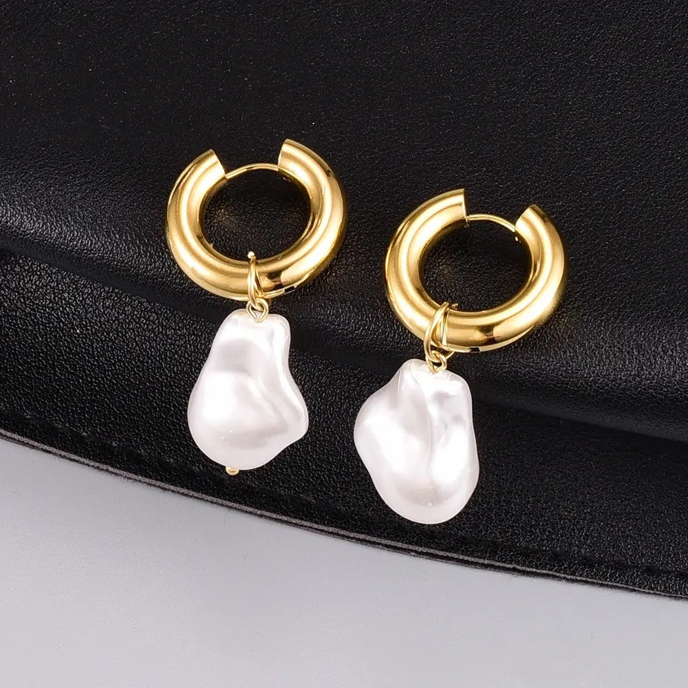 18K Gold Plated THICK HOOP Pearl Earring