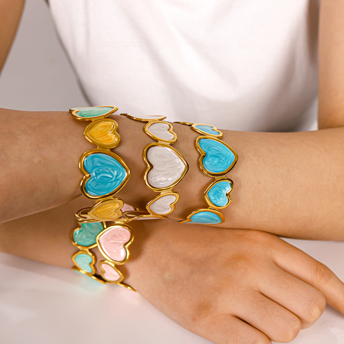 18K Gold Plated Enamel Heart Cuff Bangle
