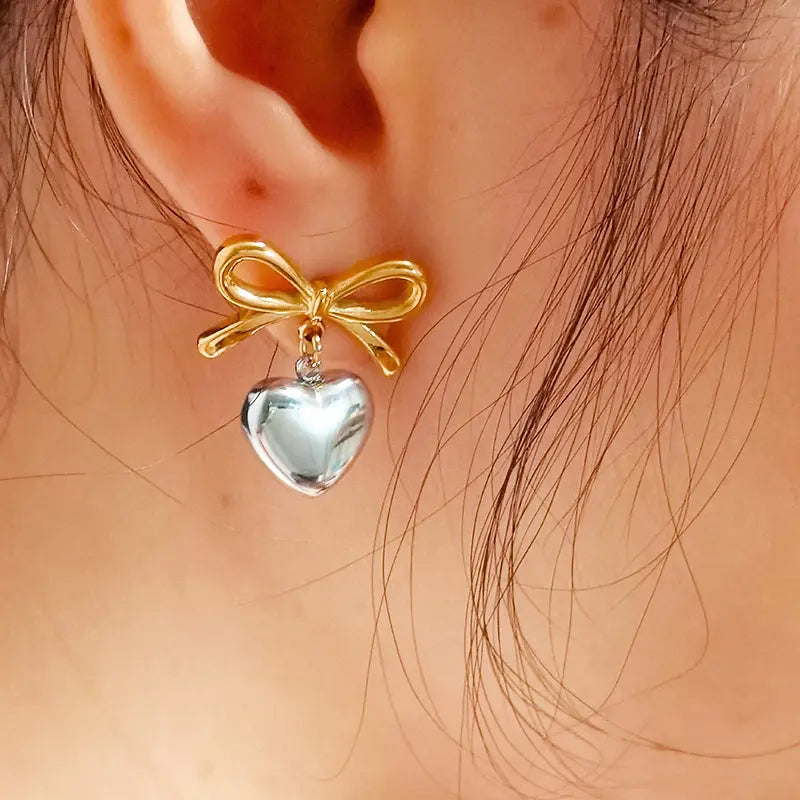 18K God Plated Heart-Bow Drop Earring
