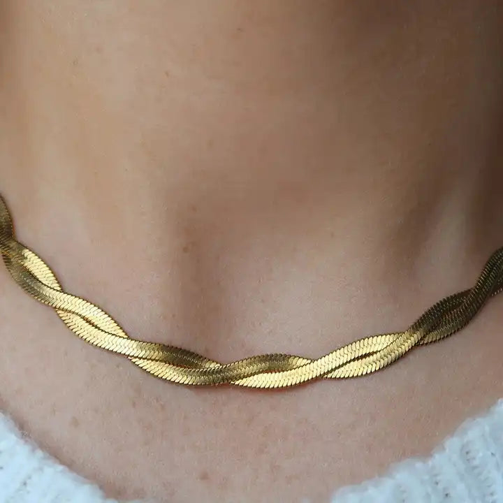 PVD 18K Gold Plated Double Twisted Herringbone Snake Chain Necklace