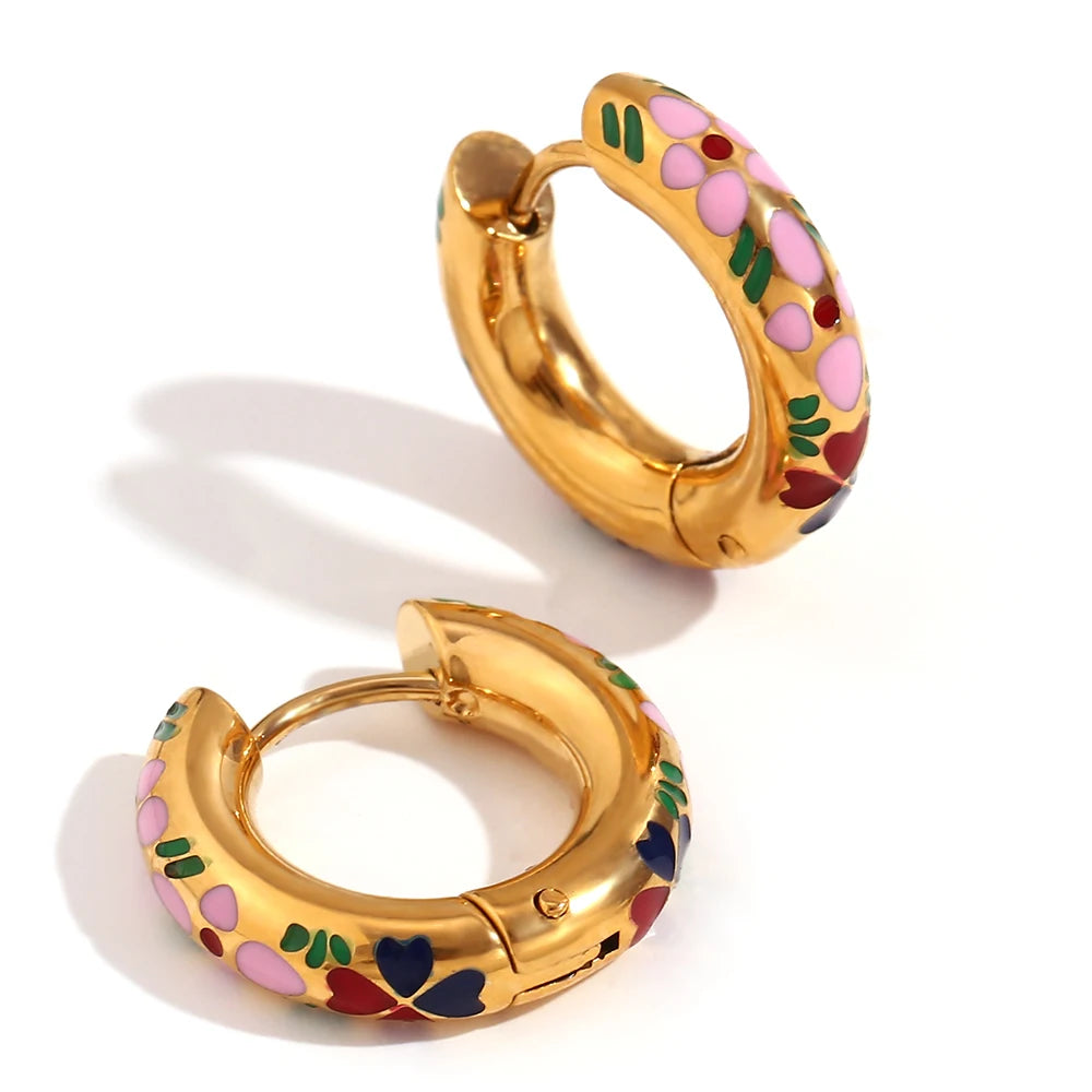 18K Gold Plate Enamel Clover Huggie